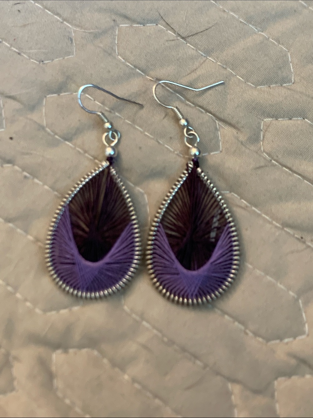 Purple Teardrop Threaded Drop Earrings with Silver-Tone Frame